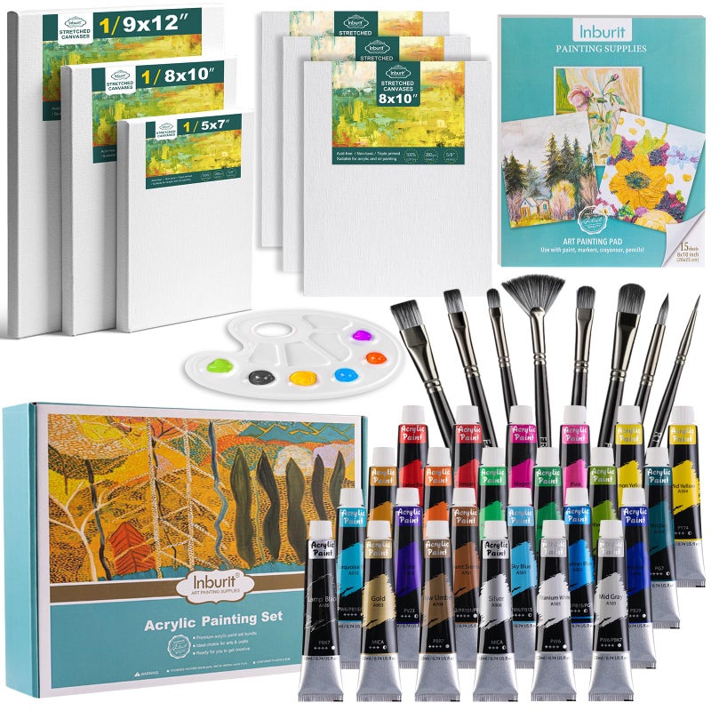 Inburit Paint Set for Adults & Kids  Painting Supplies Kit with 6 Canvases  24 Acrylic Paints(22ml)  8 Brushes  1Painting pad  Palette  Deluxe Paint Set for Kids  Student & Artist - Image 1